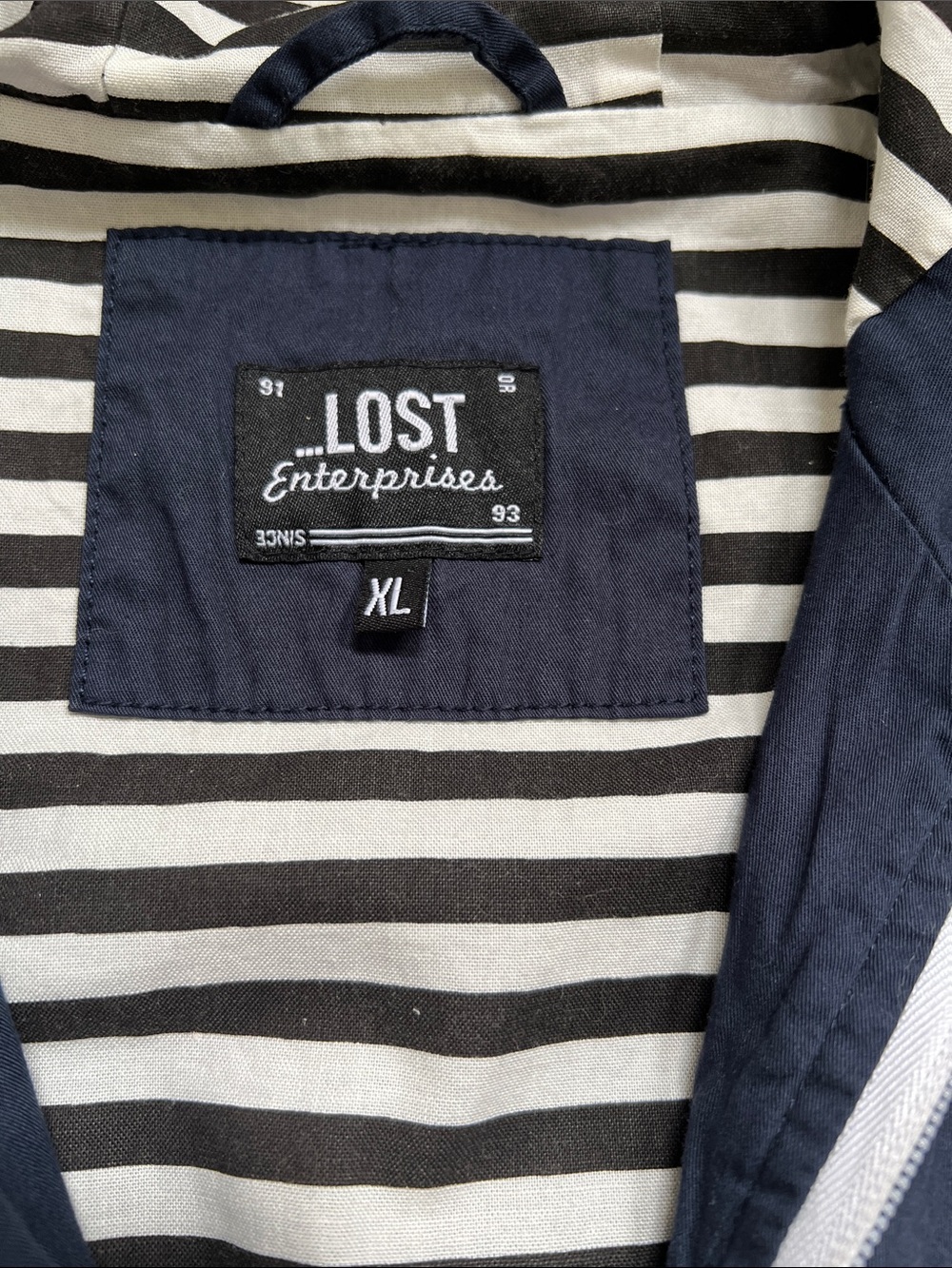 LOST ENTERPRISES Mens Navy Blue Hooded Utility Jacket Striped Lining Size XL - Picture 8 of 13